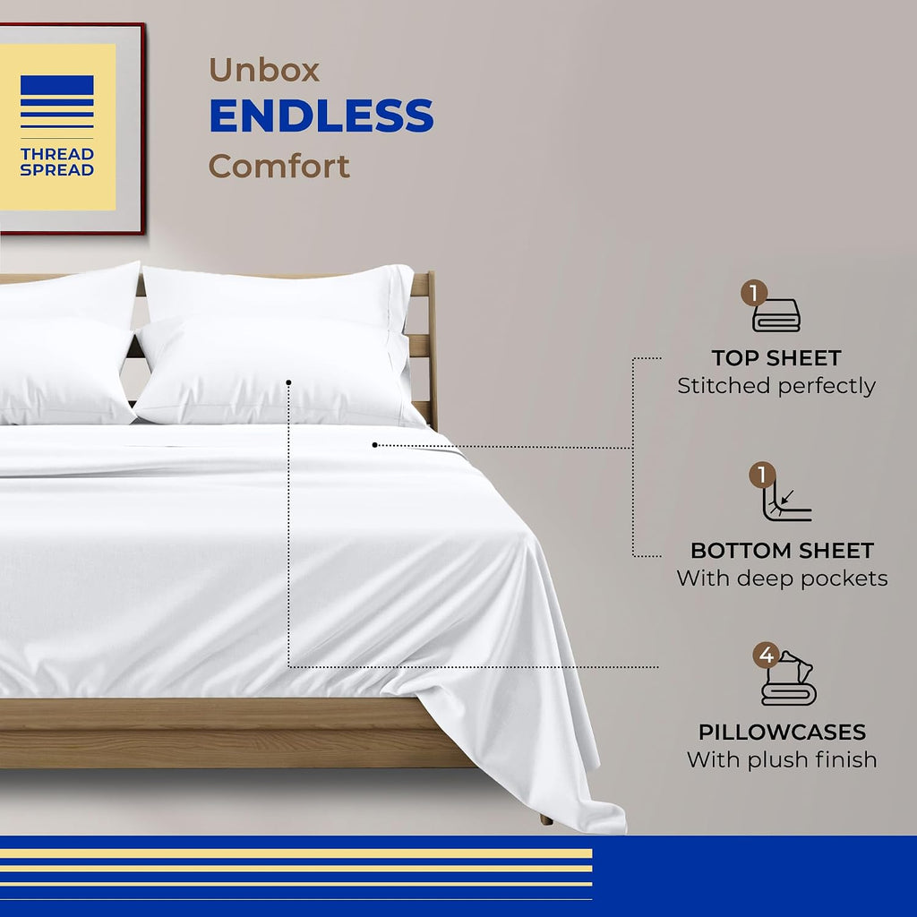 THREAD SPREAD 100% Egyptian Cotton California King Bed Sheets - 800 Series Euphoria Collection Cal King Sheets (6 PC, White), Sateen Weave Deep Pocket Hotel Sheet, Soft Cooling Bedding Sheet