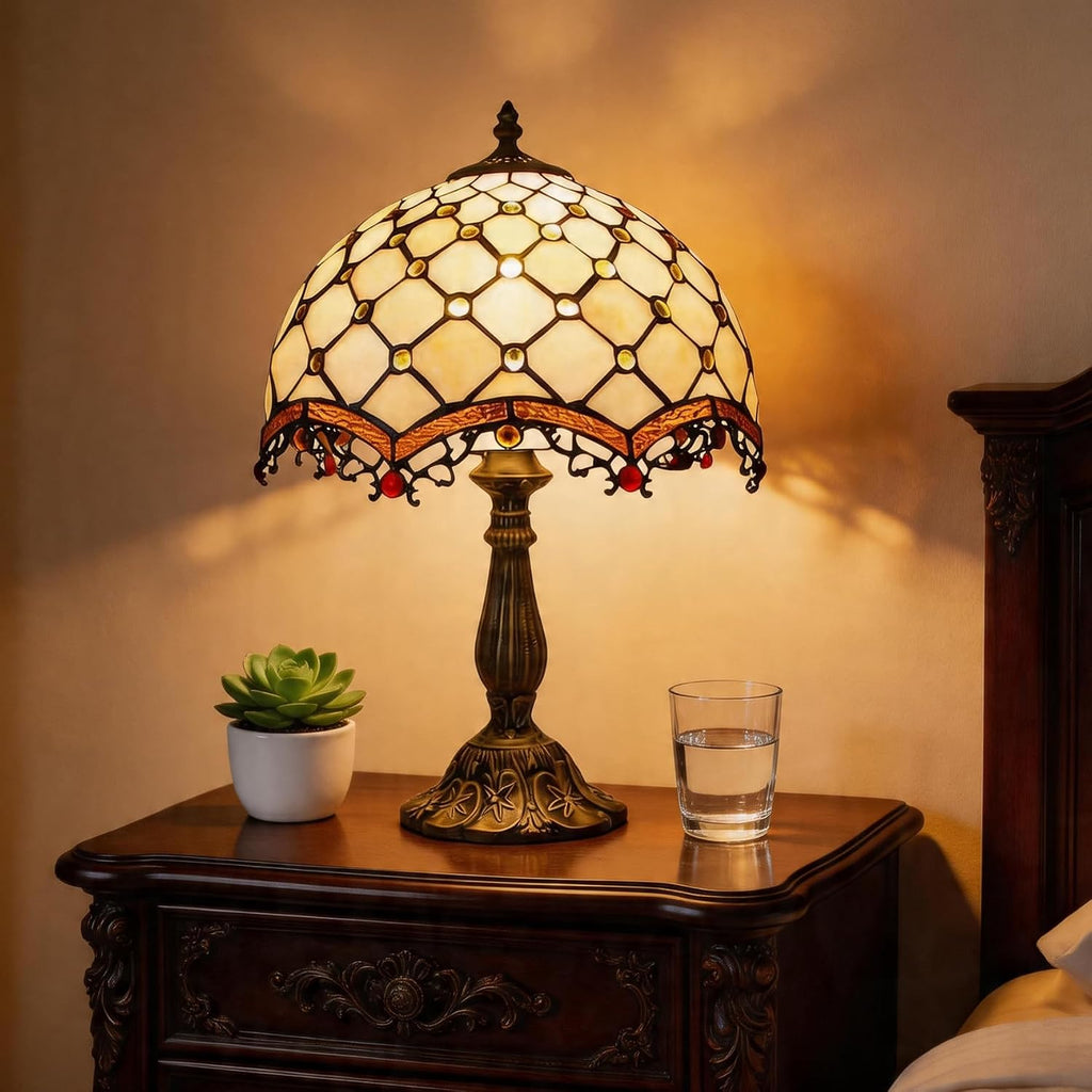 Tiffany Lamp Cream Amber Stained Glass Bead Table Lamp Desk Bedside Reading Light 12X12X18 Inches Deco Bedroom Living Room Home Office