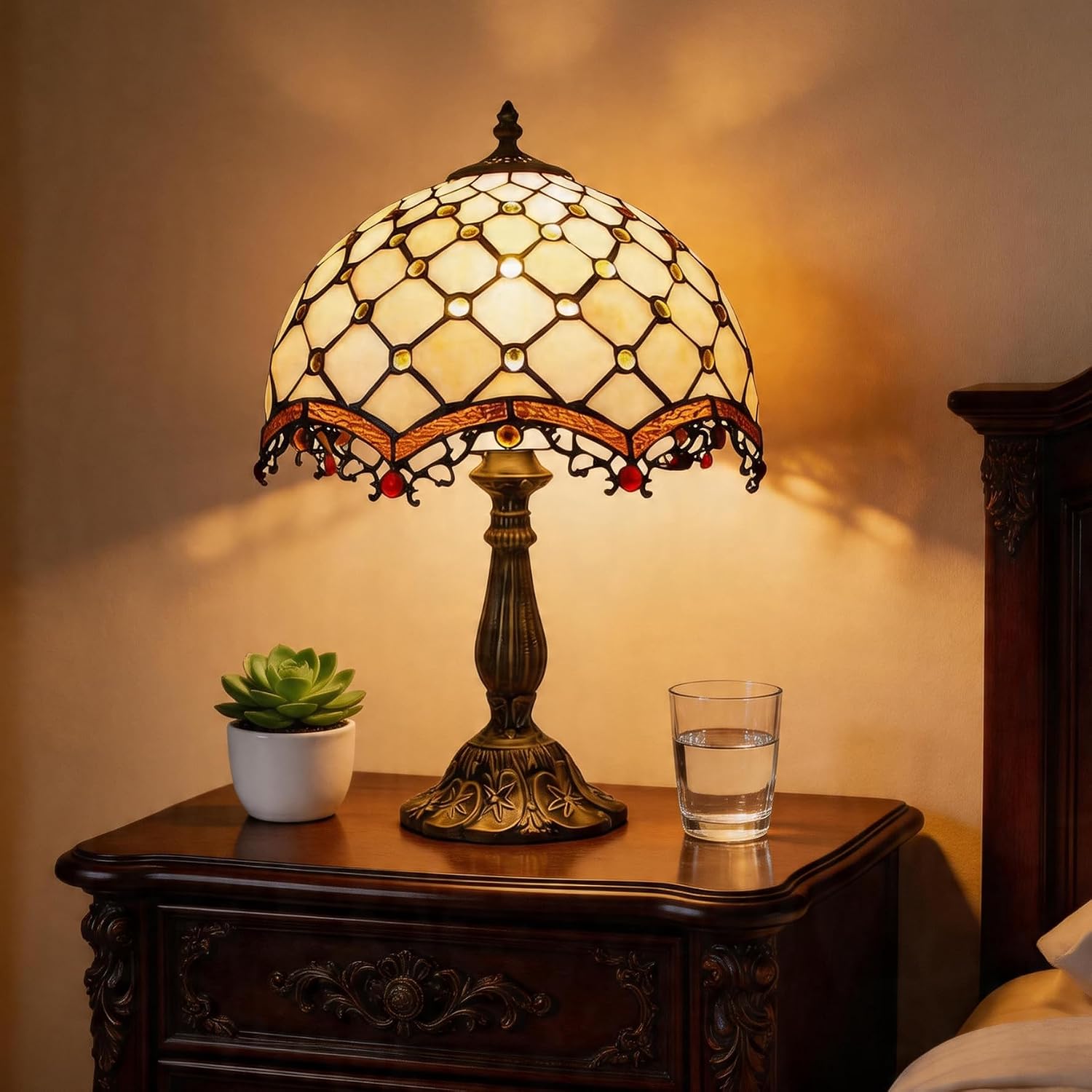 Tiffany Lamp Cream Amber Stained Glass Bead Table Lamp Desk Bedside Reading Light 12X12X18 Inches Deco Bedroom Living Room Home Office