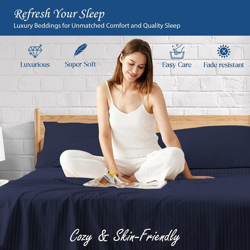 1000 Series- Extra Long Staple 100% Egyptian Cotton Sheet Set,Sateen Weave, Hotel Quality Soft Luxury Bedding, Queen Size 4 Piece Sheet Set Fit 15' Inch to 18' Deep Stripe Navy Blue