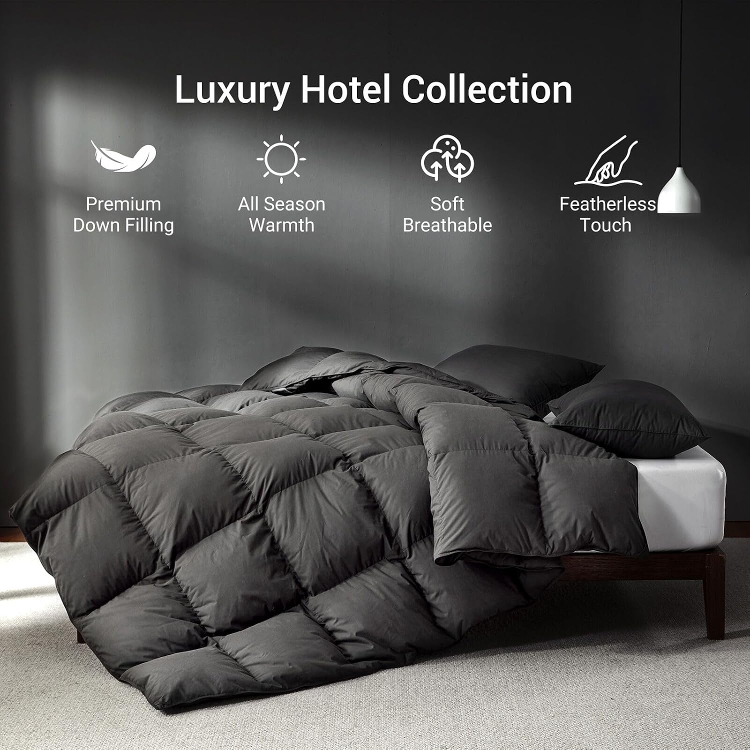 Grey Goose Feather Down Comforter Queen Size, Premium All Season Duvet Insert, 750+ Fill Power 1200TC Cotton Blend Fabric Hotel Style Comforter, 42 Oz Lightweight (90x90, Dark Grey)