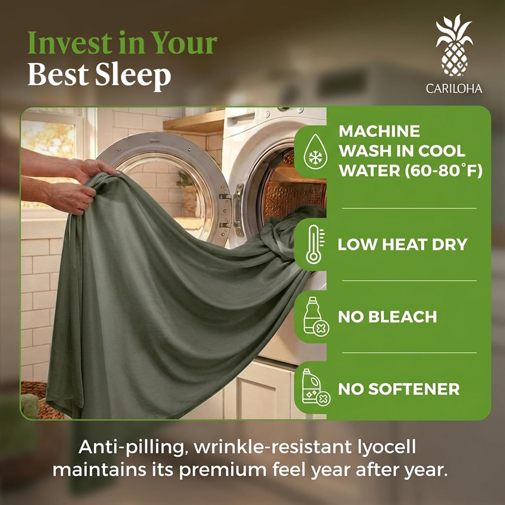 Cariloha Retreat 4-Piece Sateen Sheet Set | Oasis Green | Queen | Lyocell Material | Breathable, Corner Straps, Extra Soft & Cooling
