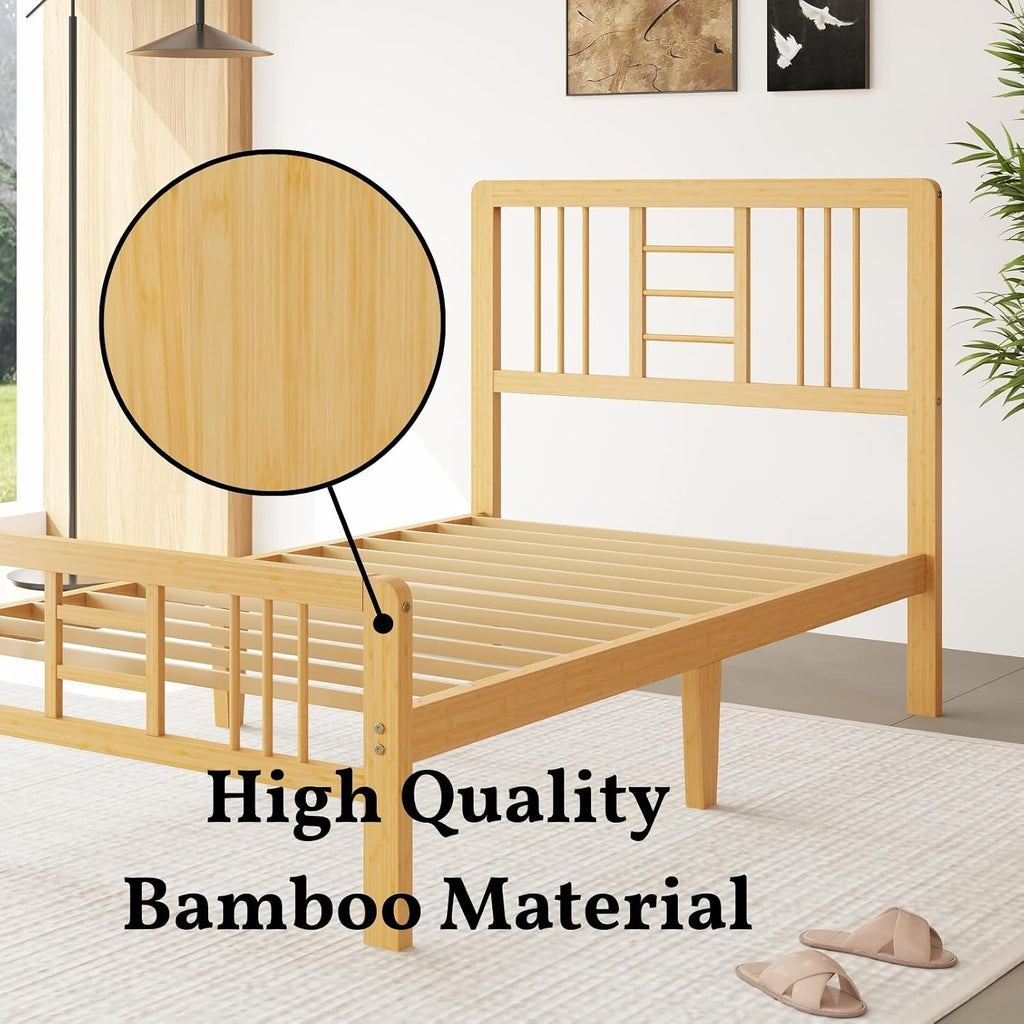 12 Inch Bamboo Wood Twin Size Platform Bed Frame with Headboard and Footboard, Metal Slat Support Bed Frame Twin Heavy Duty, No Box Spring Needed, Easy Assembly, Noise Free, Reinforced