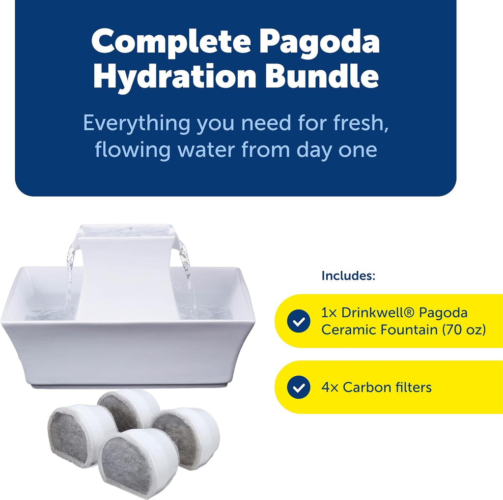 PetSafe Drinkwell Pagoda Pet Fountain 70 oz/ 2L Capacity,Elevated Indoor Ceramic Cat Water Fountain, 2 Levels of Free-Falling Stream, Included Carbon & Foam Filter Provide Fresh Water with Every Sip