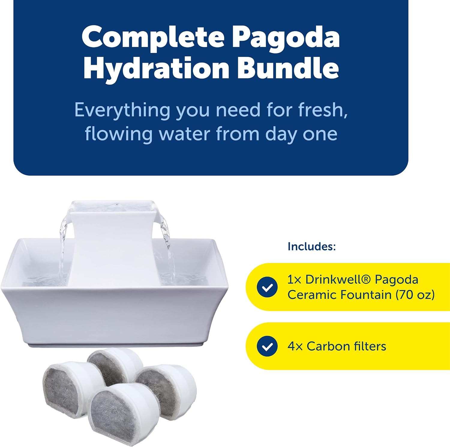 PetSafe Drinkwell Pagoda Pet Fountain 70 oz/ 2L Capacity,Elevated Indoor Ceramic Cat Water Fountain, 2 Levels of Free-Falling Stream, Included Carbon & Foam Filter Provide Fresh Water with Every Sip