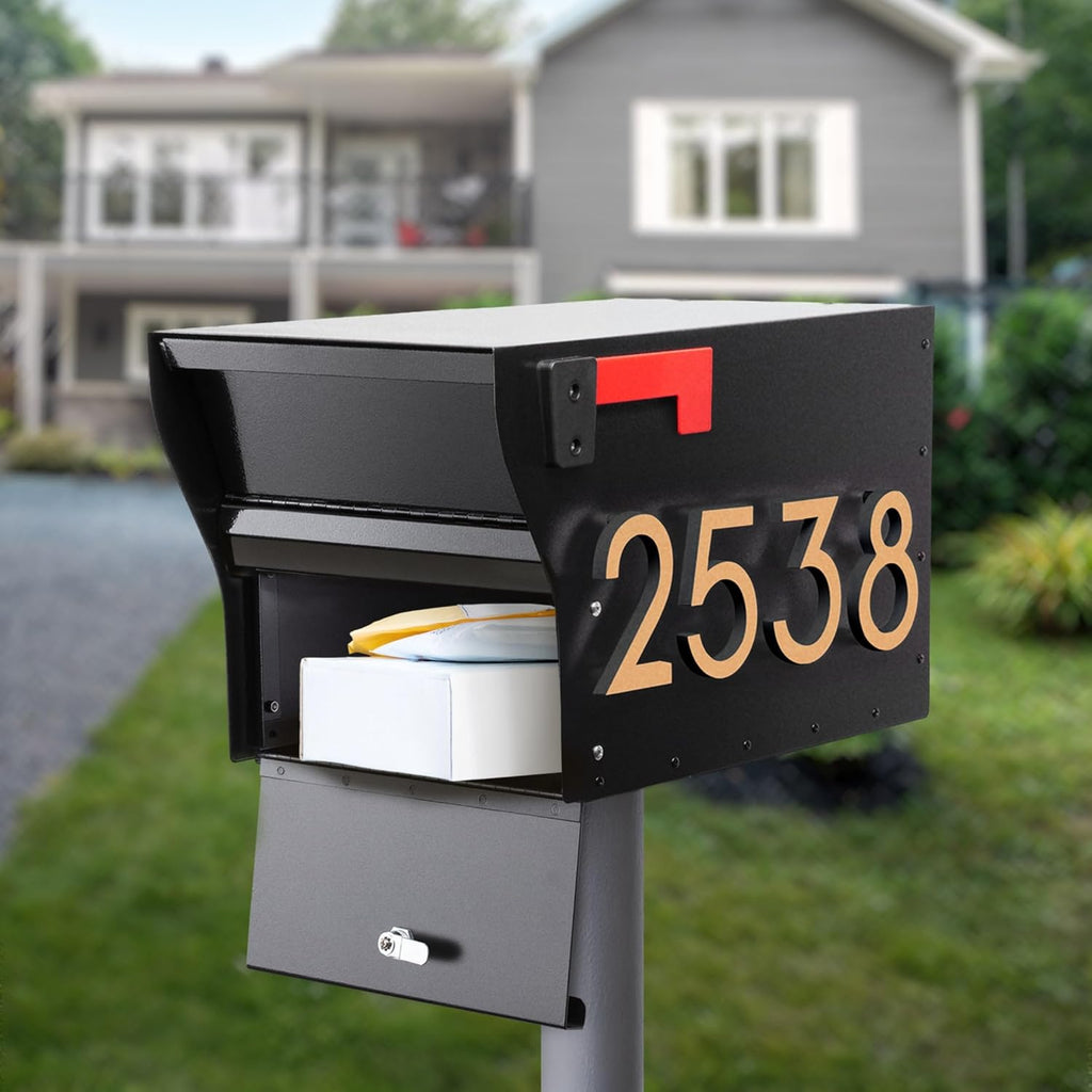 Whitehall MailVault Streetside Locking Mailbox, Personalize with Modern Stand-Off Address Numbers Package – Steel, Secure Weather Resistant Modern Square Mailbox (Black/Gold)