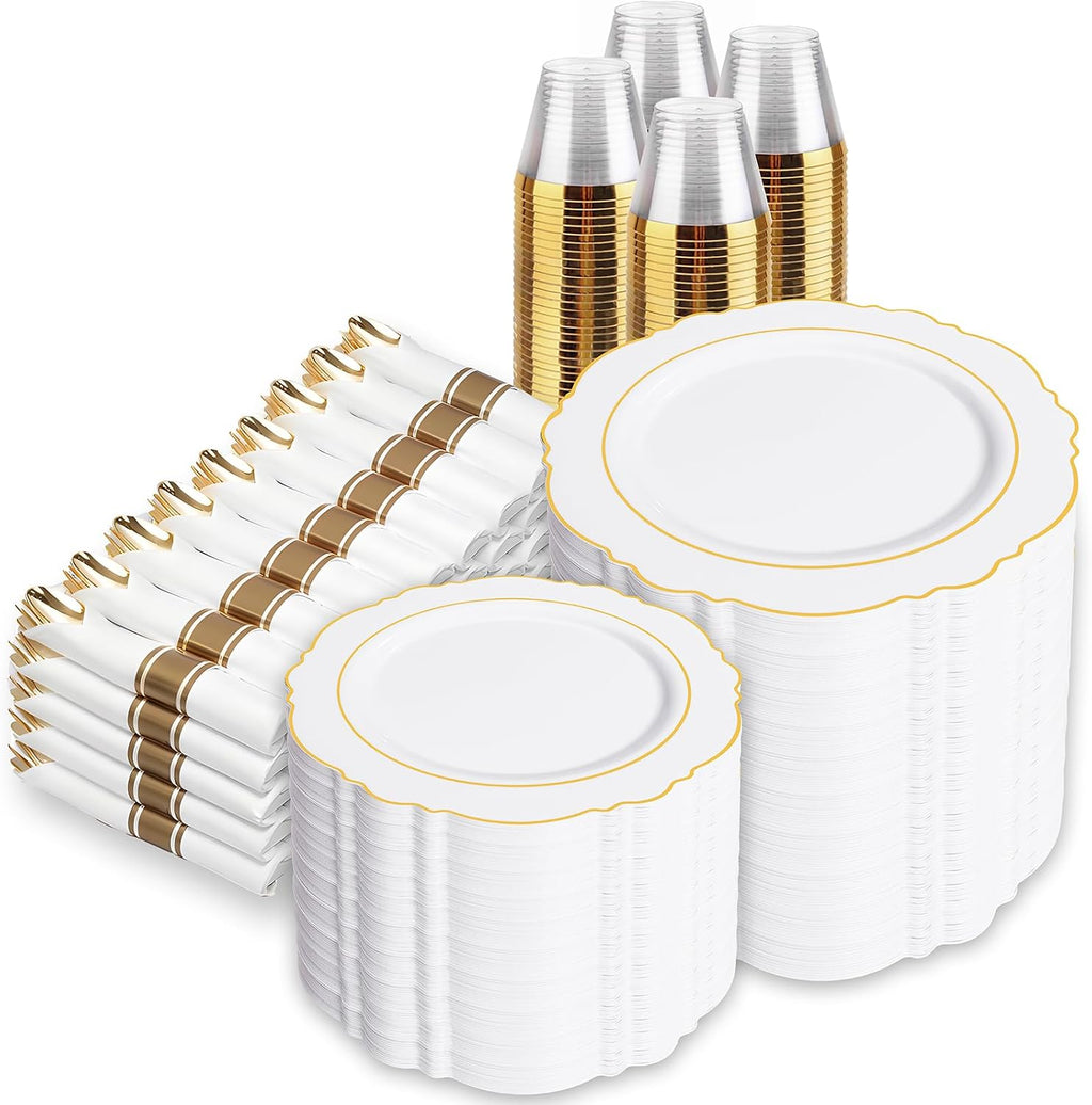 Liacere 700PCS Gold Plastic Plates - Baroque Dinnerware Sets for 100 Guests - 200 Disposable Plates（10inch，7inch）, 300 Gold Plastic Silverware, 100 Cups, 100 Napkins for Wedding & Easter Day