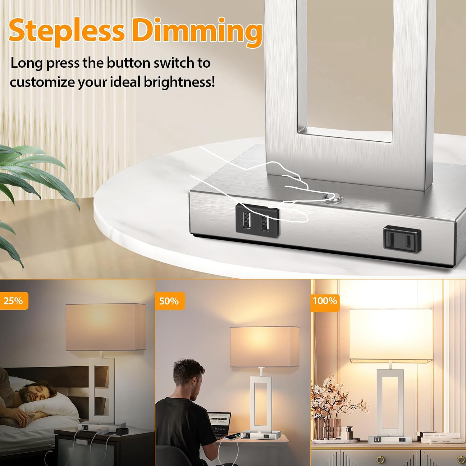 Table Lamps for Bedrooms Set of 2, 27.2'' Tall Modern Silver Lamps for Living Room Nightstand, Touch Control Bedside Lamps with 2 USB Ports&AC Outlet, Stepless Dimming, 3 Color Temp. Bulbs Covered