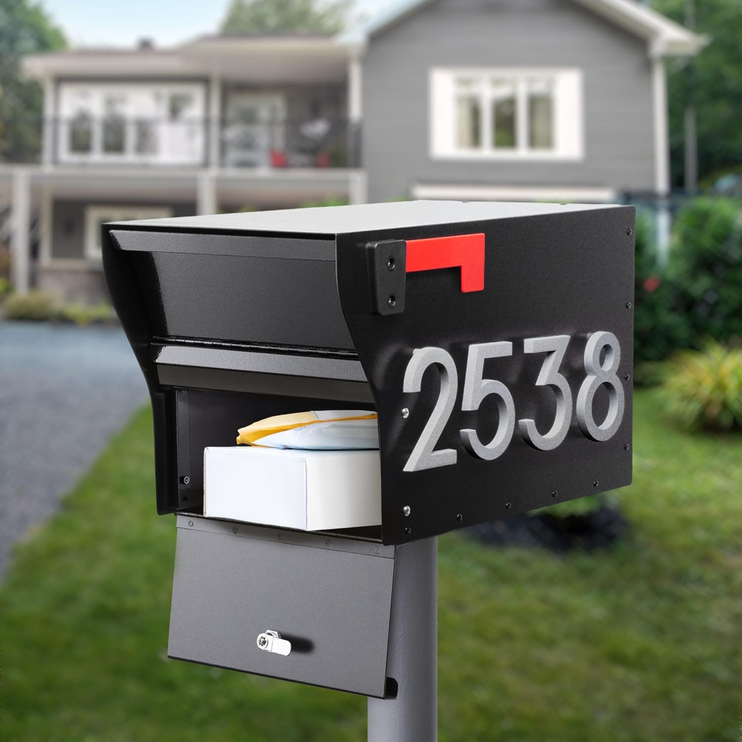 Whitehall MailVault Streetside Locking Mailbox, Personalize with Modern Stand-Off Address Numbers Package – Steel, Secure Weather Resistant Modern Square Mailbox (Black/Silver)