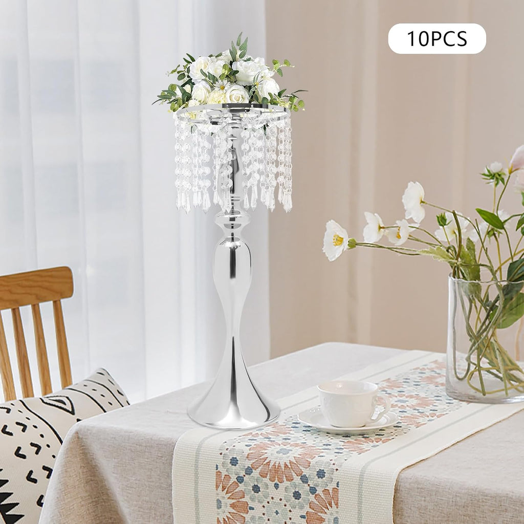 10PCS Crystal Flower Stand Wedding Centerpieces 21.3Inch Tall Sliver Vases Metal Flower Candle Holder with Sparkling Crystal for Table Wedding Party Dinner Event Decor (Silver-6)