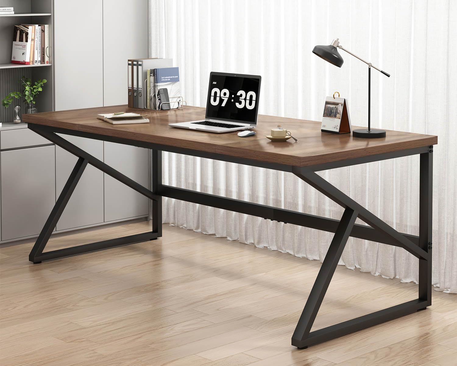 HSH Large Home Office Desk, Modern Wood Metal Computer Desk for Two Person, Extra Long Executive Writing Study Gaming Double Desk Workstation, 70 Inch Rustic Bedroom Living Room Table for 2 Monitors