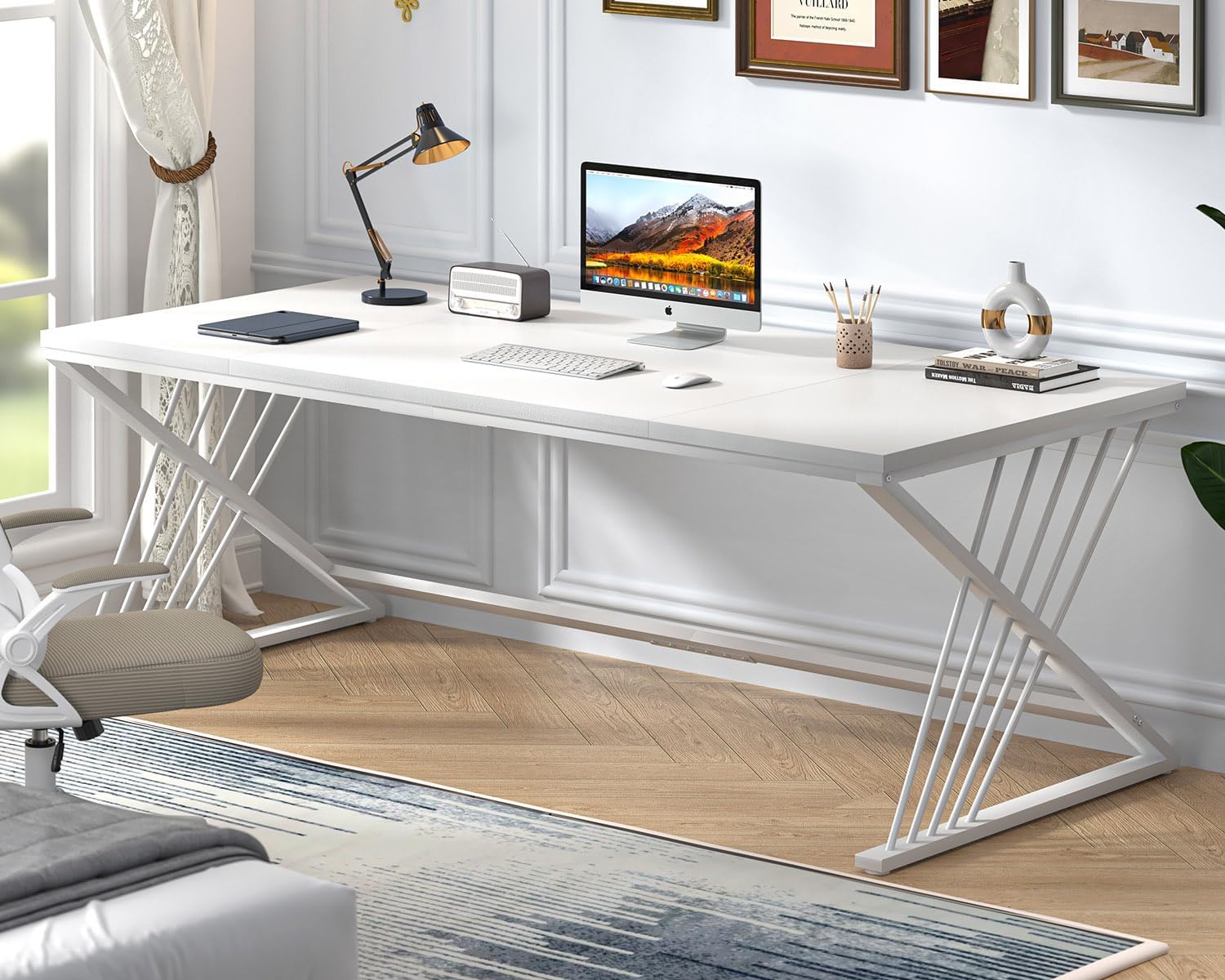 FOLUBAN 70.9' Modern Computer Desk with Z-Shaped Legs, Industrial Executive Home Office Desk for 2 Person, Large Writing Study Table for Bedroom, Gaming Workstation, White