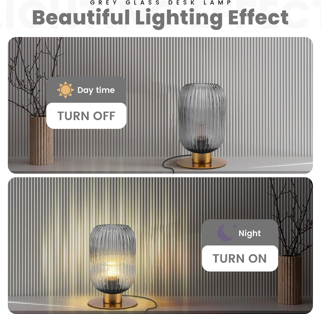 Bedroom Small Lamps Set of 2, Smoke Glass Table Lamp Living Room Side Table Lamp, Mid Century Modern Gray Bedside Lamp with On/Off Switch, Vintage Plug in Gold Lamps for Nightstand
