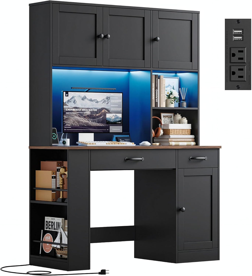 Keyluv 71' Tall Computer Desk with Hutch Cabinet, Home Office Desk with Storage Drawers Shelves and Side Rack, Wood Executive Desk with Doors, Outlet Station and Smart LED Lights, Black