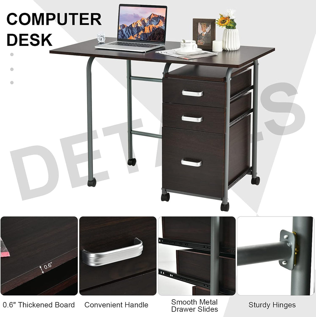 Tangkula Folding Computer Desk with 3 Storage Drawers, Mobile Home Office Desk Study Writing Desk with Smooth Wheels, Space Saving Compact Desk for Dorm Apartment, Rolling Folding Desk Table