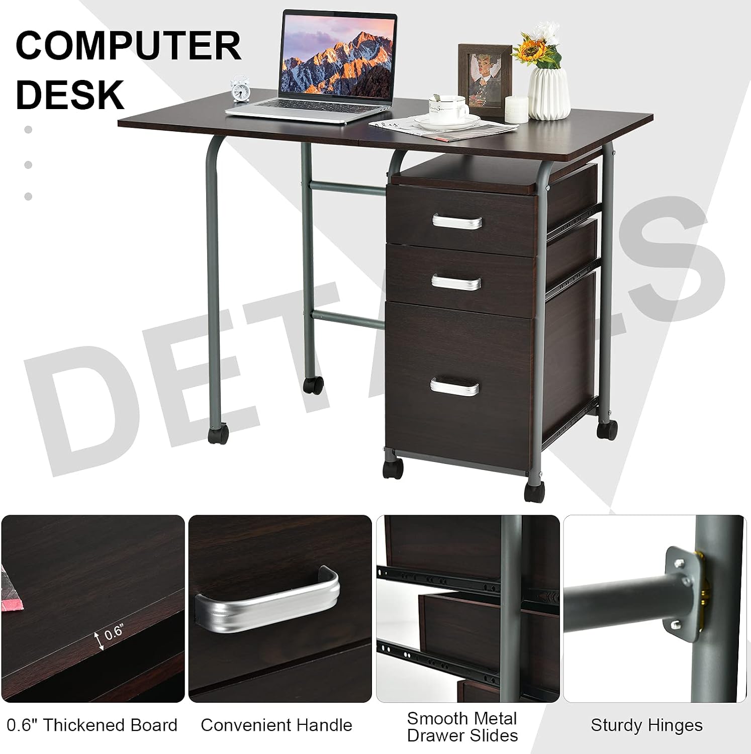 Tangkula Folding Computer Desk with 3 Storage Drawers, Mobile Home Office Desk Study Writing Desk with Smooth Wheels, Space Saving Compact Desk for Dorm Apartment, Rolling Folding Desk Table