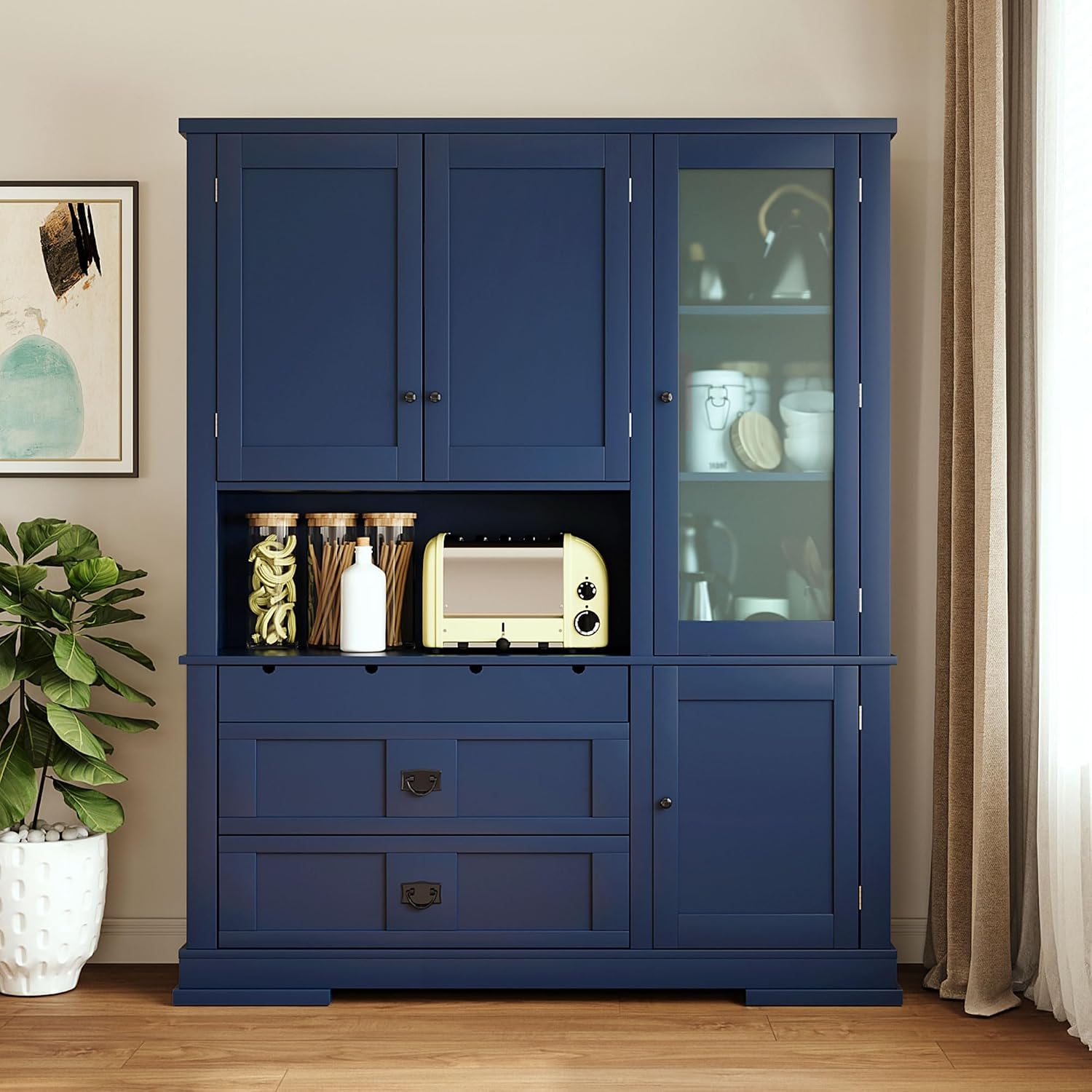 Modern 78.3 inch Large Kitchen Pantry Storage Cabinet, Traditional Buffet Cabinet with Hutch and Drawers, Wood Freestanding Tall Storage Cabinet with Door Shelf and Adjustable Shelves (Blue//2)