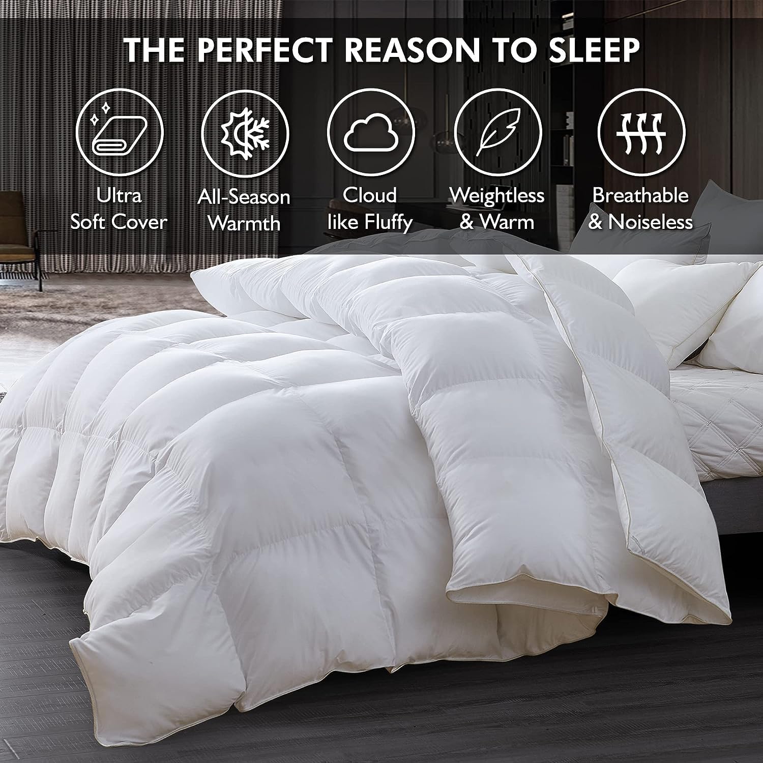 Luxurious Oversized Queen 98' x 98' Size Goose Down Fiber Waterfowl Feather Fiber Comforter Duvet, 100% Egyptian Cotton Cover, 56 oz. Fill Weight, Baffle Box Design, White Solid
