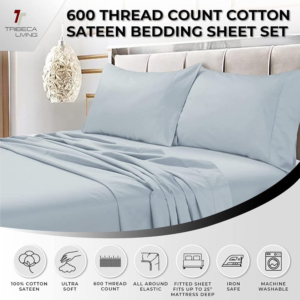 Tribeca Living Bed Sheet Set, Soft Egyptian Cotton Sateen Solid Sheets and Pillowcase Set, Extra Deep Pocket, 600 Thread Count, 4-Piece Luxury Bedding, King, Sky Blue