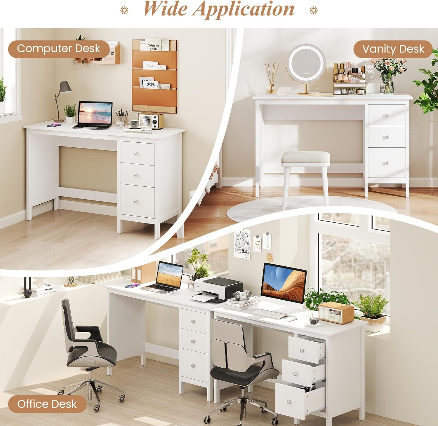 Giantex White Desk with Drawers, 48 Inch Home Office Desk with Anti-Toppling Device, Multifunctional Computer Workstation, Wood Study Writing Desk for Small Spaces, Bedroom
