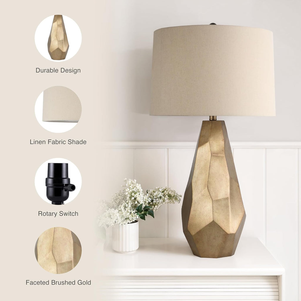 Abani Table Lamp Lia Faceted 31.5' – Modern Glam Gold Resin Base with Wheat Linen Shade – E26 Bulb Included – Elegant Desk Lamp for Bedroom, Living Room Lamp, Dorm or Nightstand