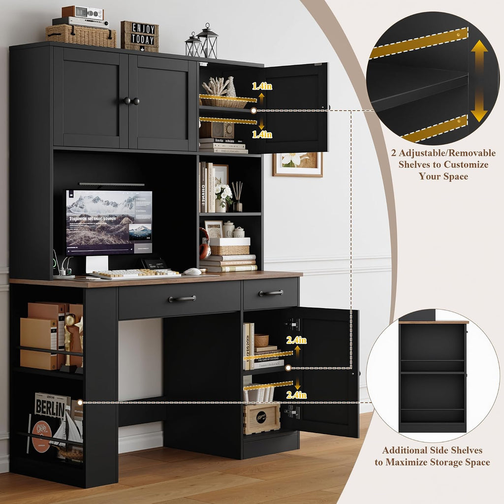 Keyluv 71' Tall Computer Desk with Hutch Cabinet, Home Office Desk with Storage Drawers Shelves and Side Rack, Wood Executive Desk with Doors, Outlet Station and Smart LED Lights, Black