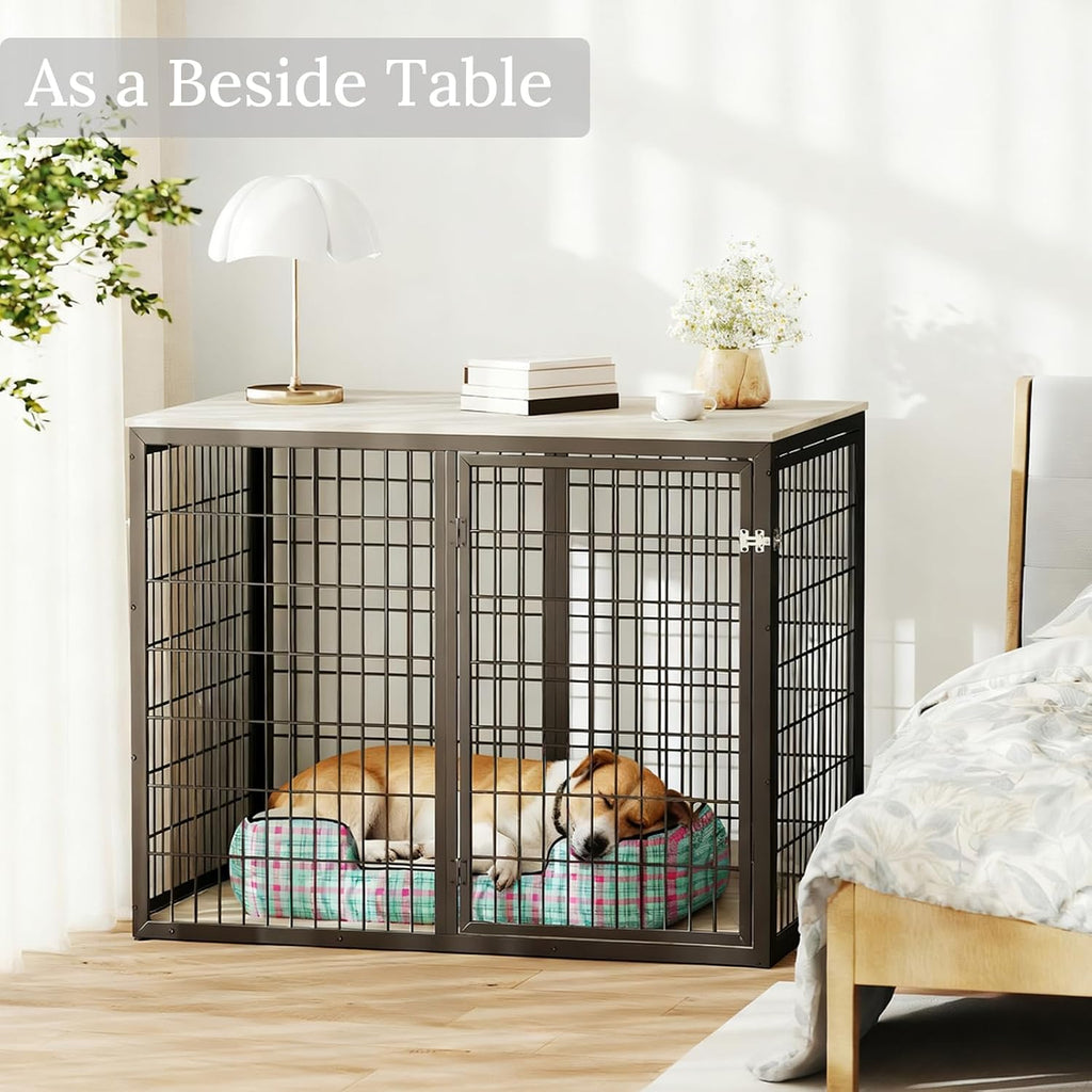 Yafylly 48' Dog Crate Furniture for Medium Large Dogs, Indestructible Large Dog Kennel Indoor with 3 Doors, Wooden Dog Cage Side End Table, Heavy Duty XL Dog Crate, Gray