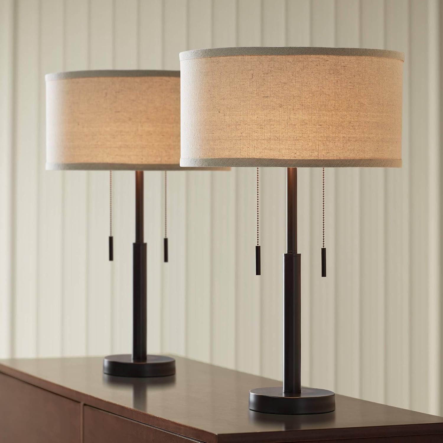 Franklin Iron Works Bernie Industrial Nightstand Table Lamp 25' High Set of 2 with Hotel Style USB Charging Port Rich Bronze Metal Fabric Drum Shade for Living Room Desk Bedroom House Bedside Home