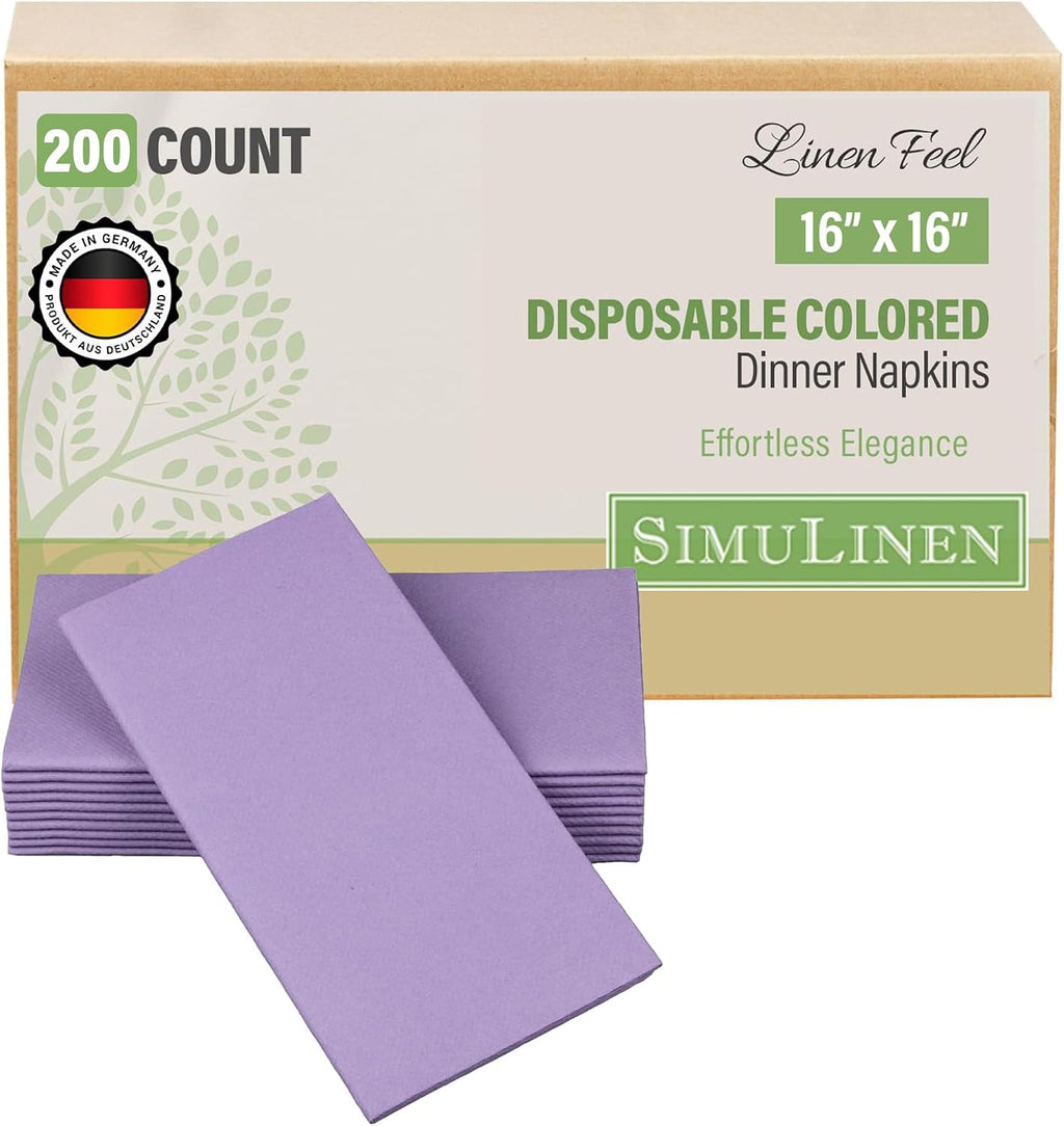 SimuLinen Purple or Lavender Linen Feel Dinner Napkins - Cloth-Like, Kosher Disposable Napkins for Weddings, and Showers, 16'x16', Box of 300