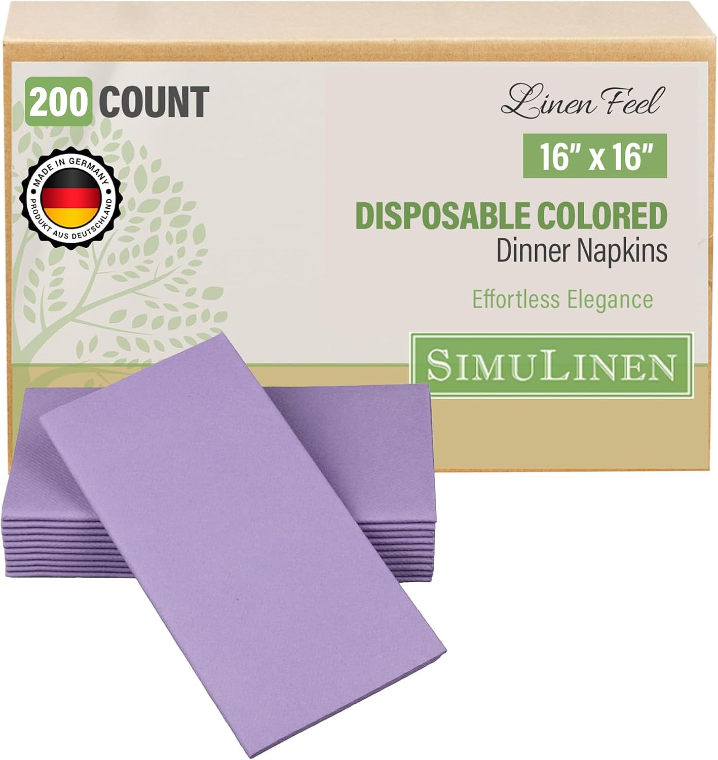 SimuLinen Purple or Lavender Linen Feel Dinner Napkins - Cloth-Like, Kosher Disposable Napkins for Weddings, and Showers, 16'x16', Box of 300
