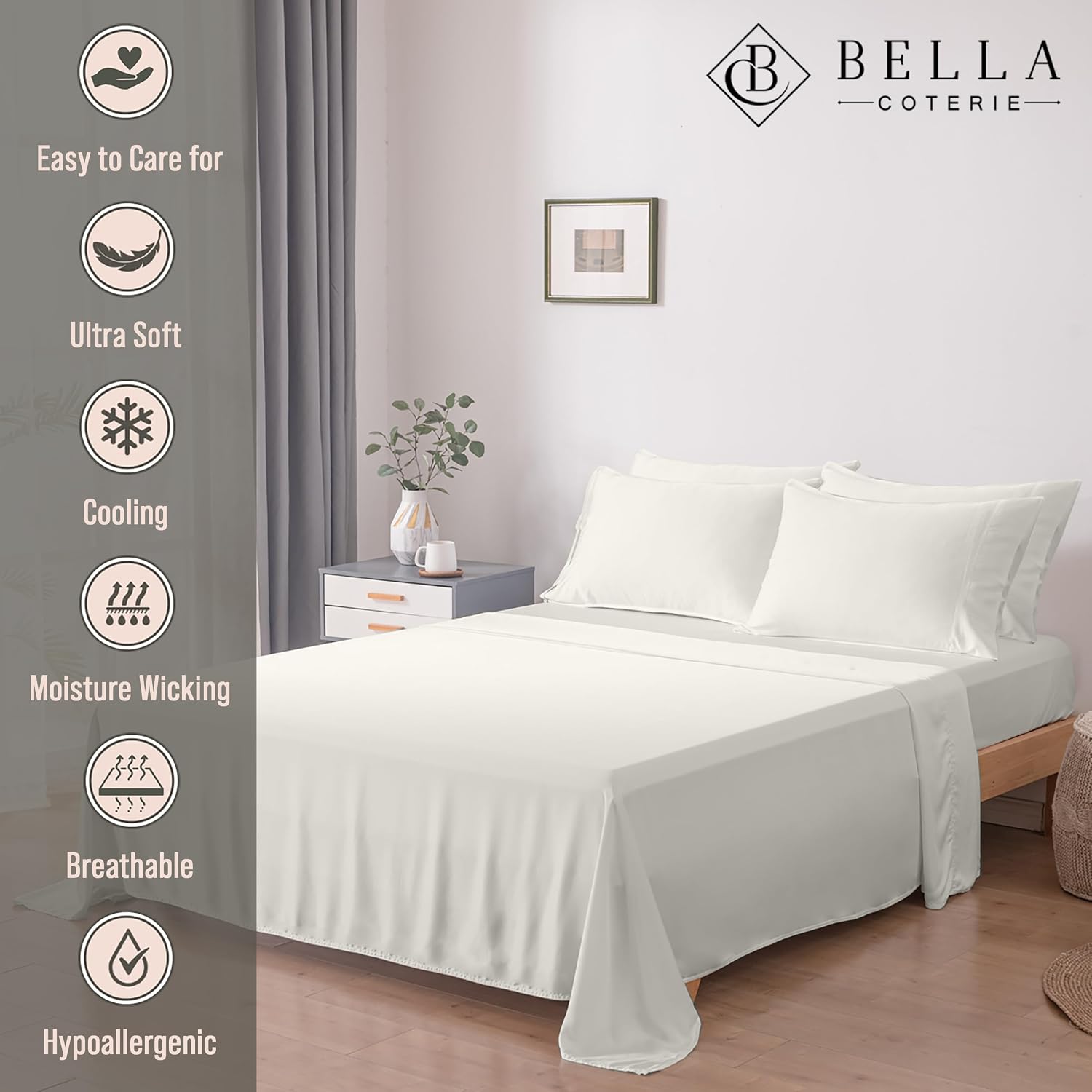 Bella Coterie 7 Piece Luxury Bamboo Viscose Split King Size Sheet Set | 2 Fitted Sheets for Adjustable Beds | 100% Organically Grown | Cooling for Hot Sleepers | 4 Pillowcases [Ivory]