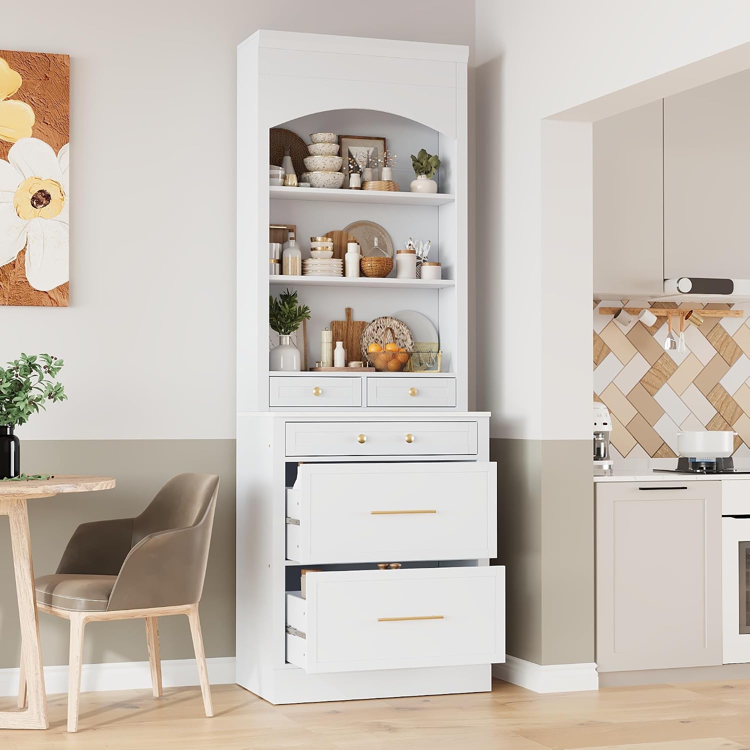 Modern 83.7inch High Kitchen Pantry, Freestanding Tall Kitchen Hutch with Faux Marble Top, Cupboard Cabinet with 5 Storage Drawers and Adjustable Shelf, Wood Storage Cabinet, Set of 2 (White-3)