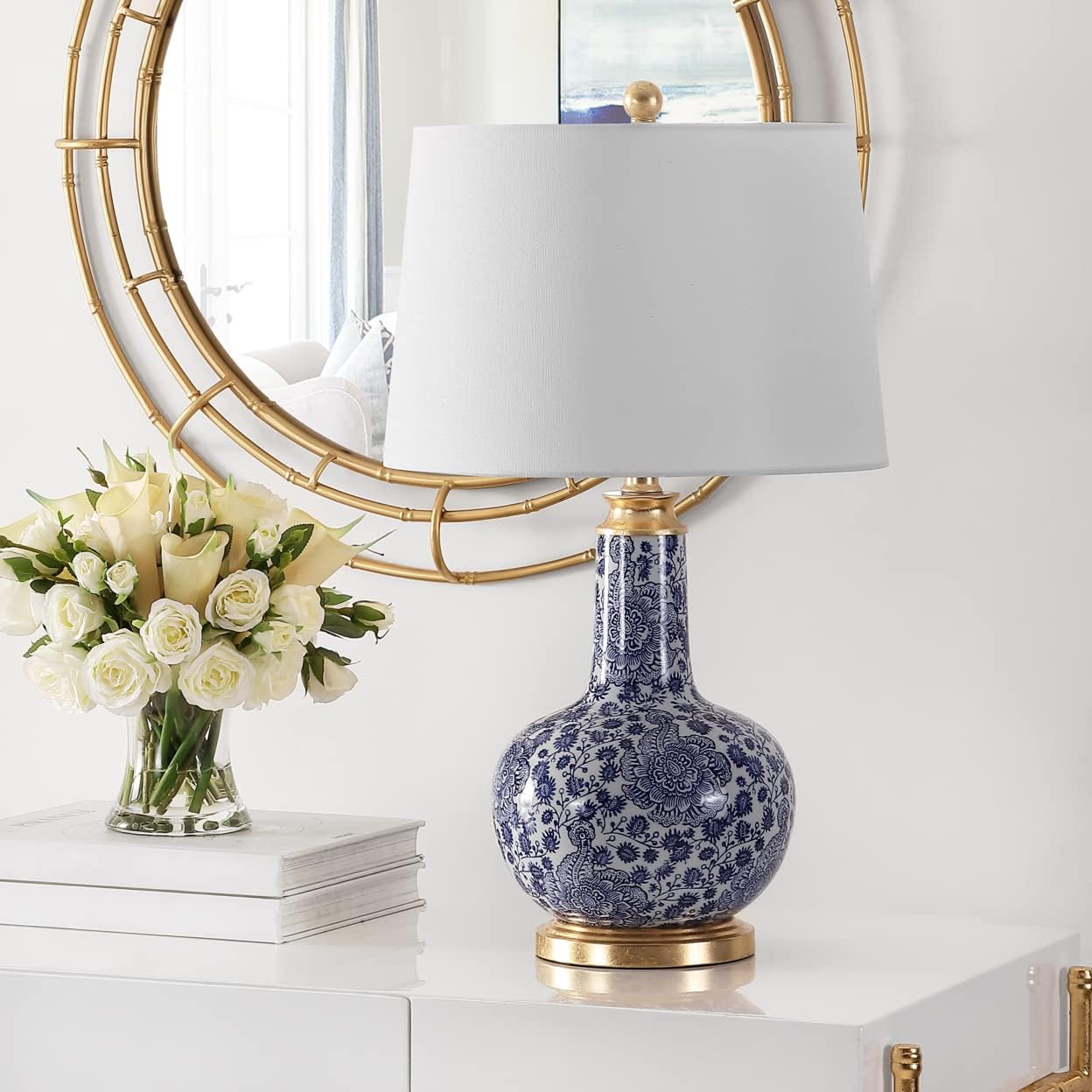 Safavieh Lighting Collection Leia Blue Floral Chinoiserie Ceramic 26-inch Bedroom Living Room Home Office Desk Nightstand Table Lamp (LED Bulb Included)