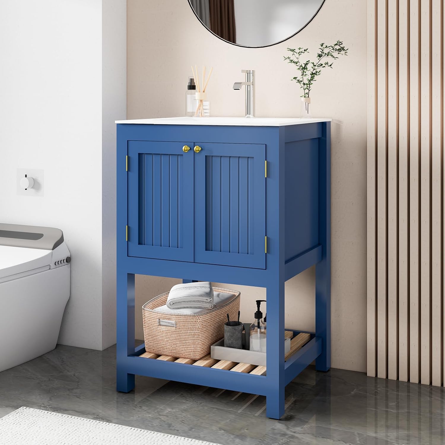 24 Inch Small Bathroom Vanity with Sink, Modern Bathroom Sink Cabinet with Open Shelf, Ceramic Basin, Blue