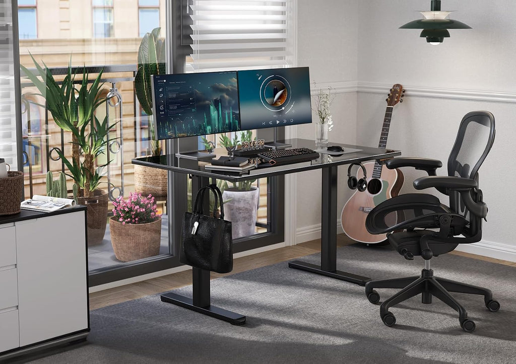 Claiks Glass Standing Desk, 55x24 Inch Electric Standing Desk Adjustable Height Stand Up Desk, Quick Install Home Office, Black