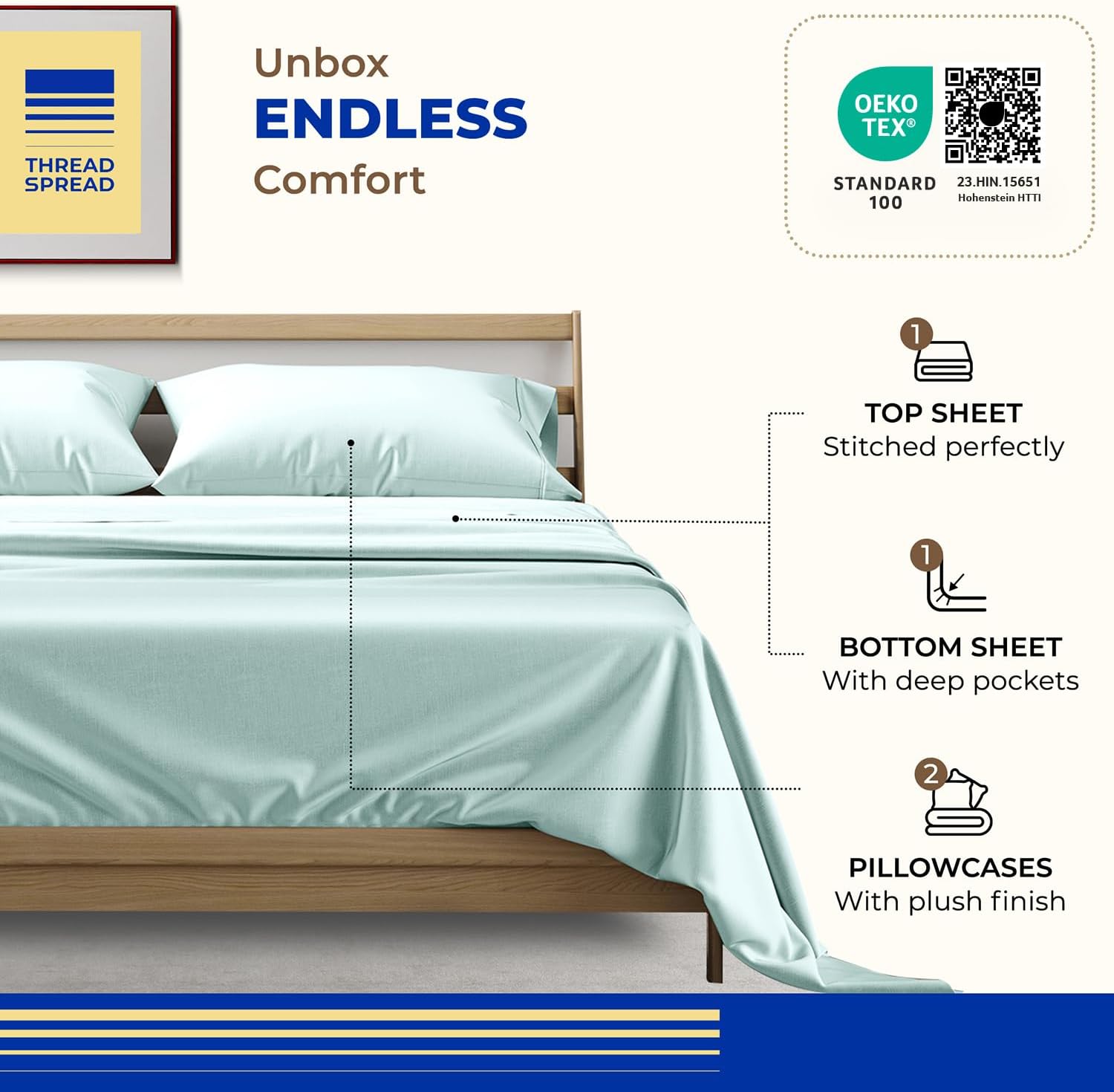 THREAD SPREAD California King Bed Sheets, Luxury 1000 Series Paradise Collection 100% Egyptian Cotton Cal King Sheets Set (4 PC, Sea Foam), Silky Soft, Cooling, 16' Deep Pocket Hotel Sheet Set