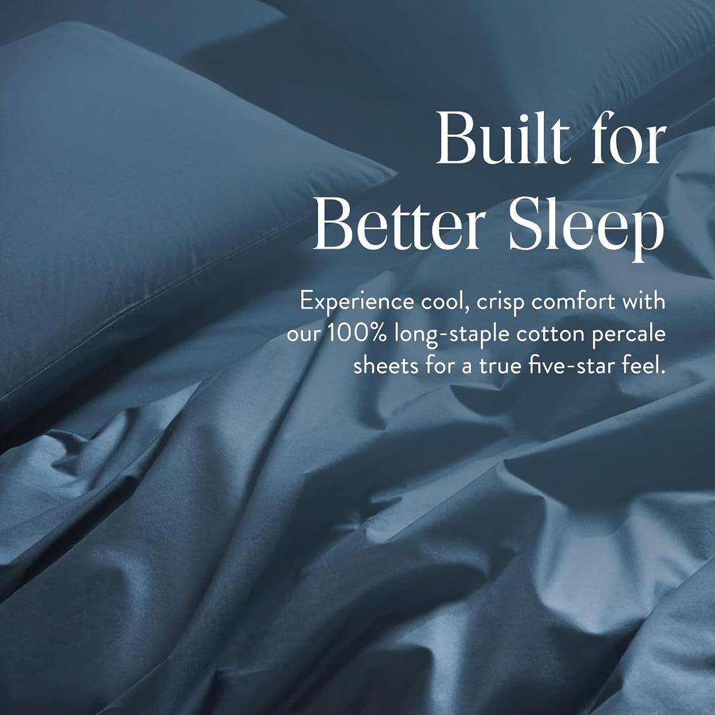Brooklinen Luxury Percale Sheet Set - 4 Piece 100% Cotton Bed Sheets - 1 Fitted & 1 Flat Sheet, 2 Pillowcases - Cotton Percale Sheets for Hot Sleepers (Queen Size, Abyys Blue)