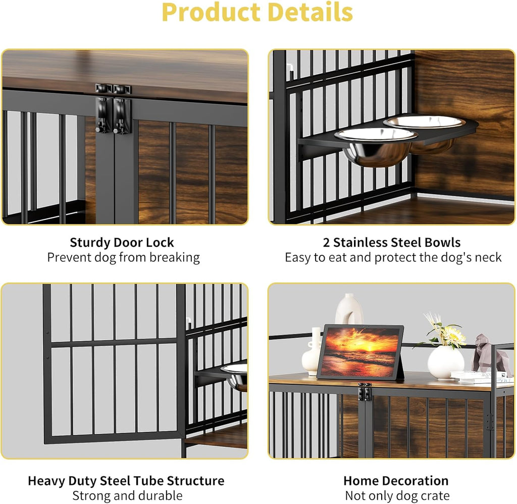 ROOMTEC Dog Crate Furniture-Style Cages for Large Dogs Indoor Heavy Duty Super Sturdy Dog Kennels with 2 Stainless Steel Bowls (48Inch = Int.dims: 46' W x 29' D x 35.5' H)