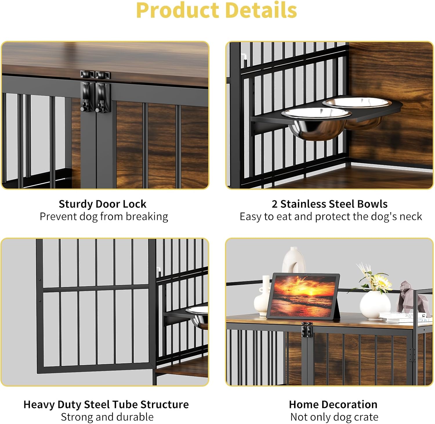 ROOMTEC Dog Crate Furniture-Style Cages for Large Dogs Indoor Heavy Duty Super Sturdy Dog Kennels with 2 Stainless Steel Bowls (48Inch = Int.dims: 46' W x 29' D x 35.5' H)