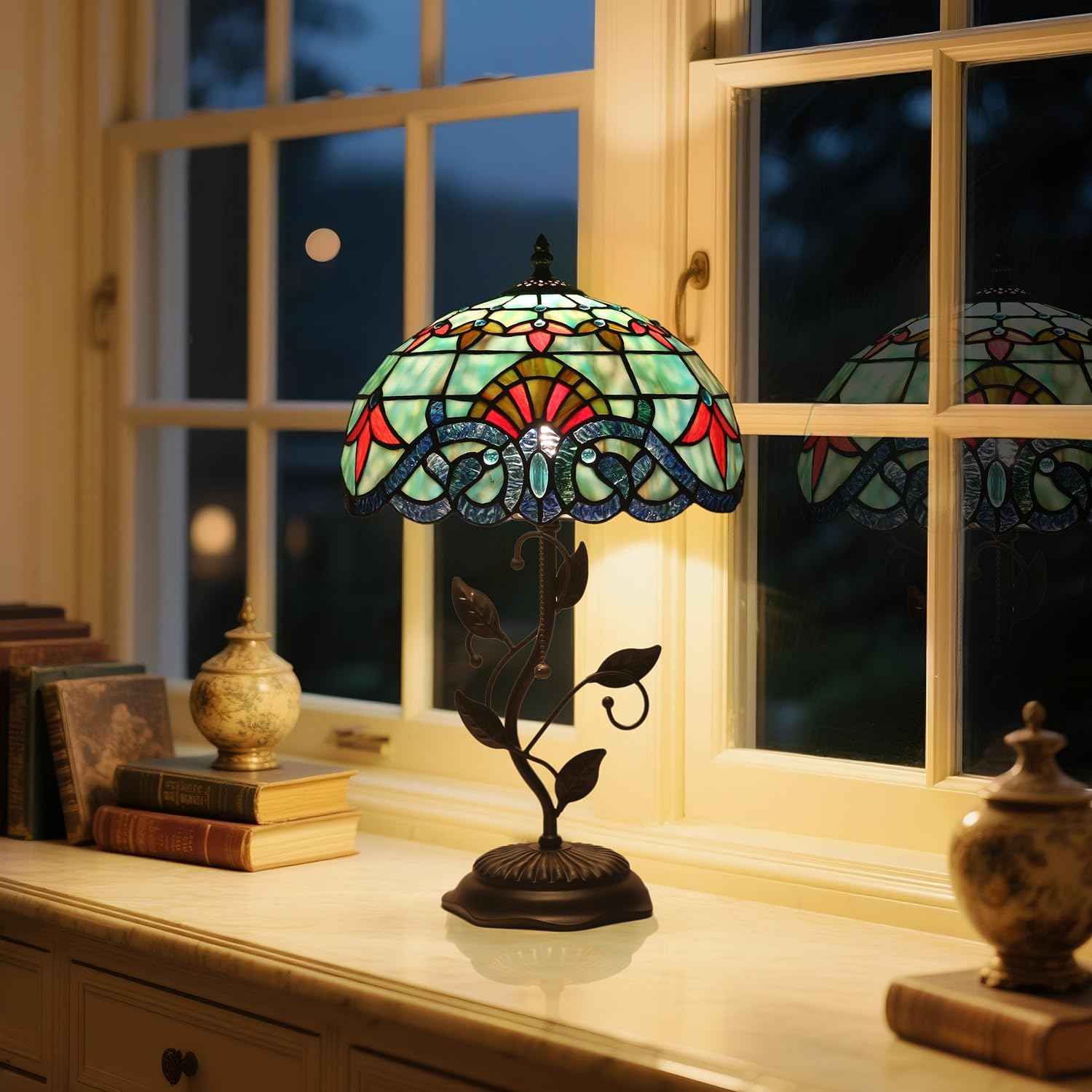 Tiffany Table Lamp, Stained Glass Baroque Style, Metal Leaf Base Decor Lamp, 12x12x19 Inch for Bedroom, Living Room, Home, Office