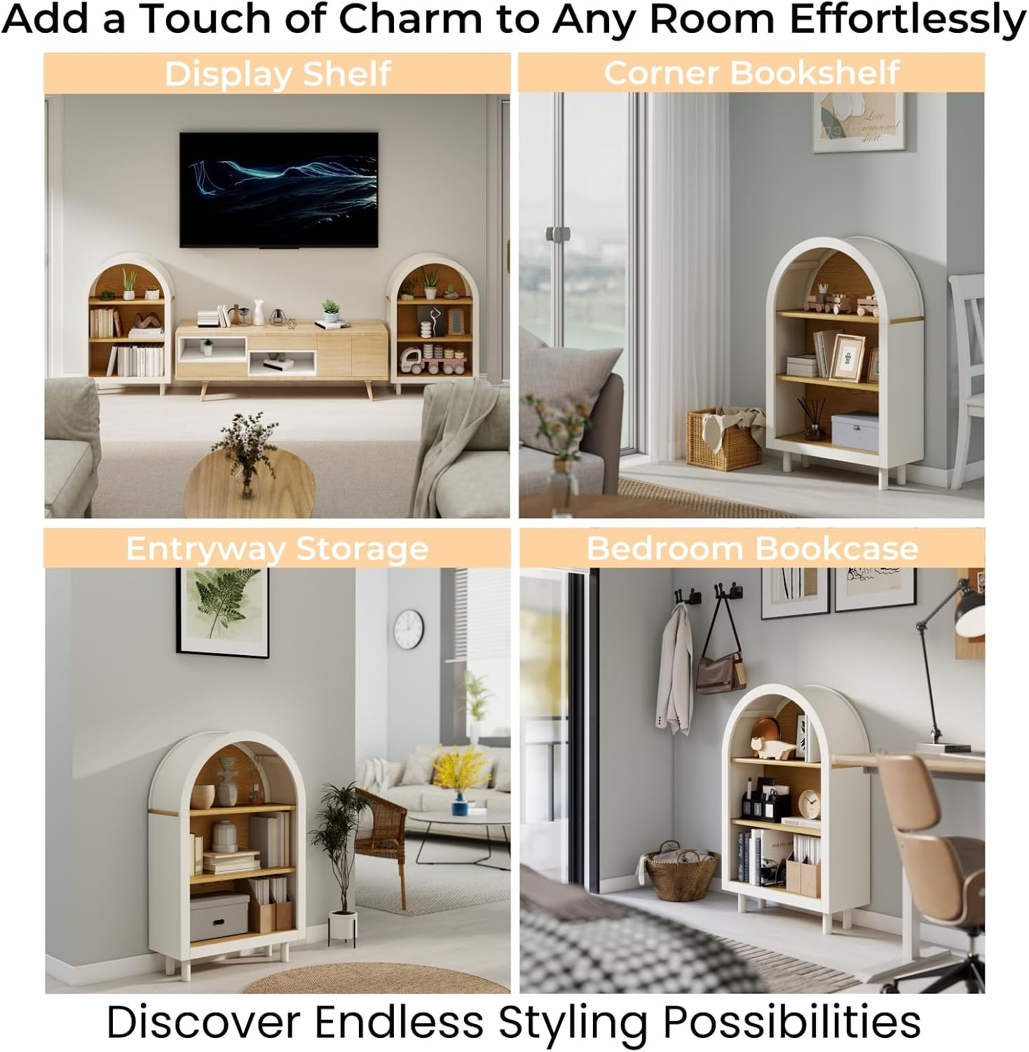 QMIT Arched Small Wooden Bookshelf, White 3 Tier Storage Bookcase Cabinet with Open Display Shelves for Living Room, Bedroom, Entryway
