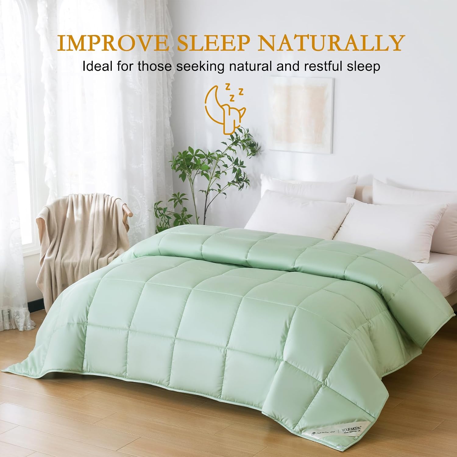 YOUR MOON Luxurious All Season Wool Comforter Queen Size, 100% Australian Lamb Wool Filling, Hypoallergenic Comforter Duvet Insert with Soft Noiseless Cotton Shell (Green)