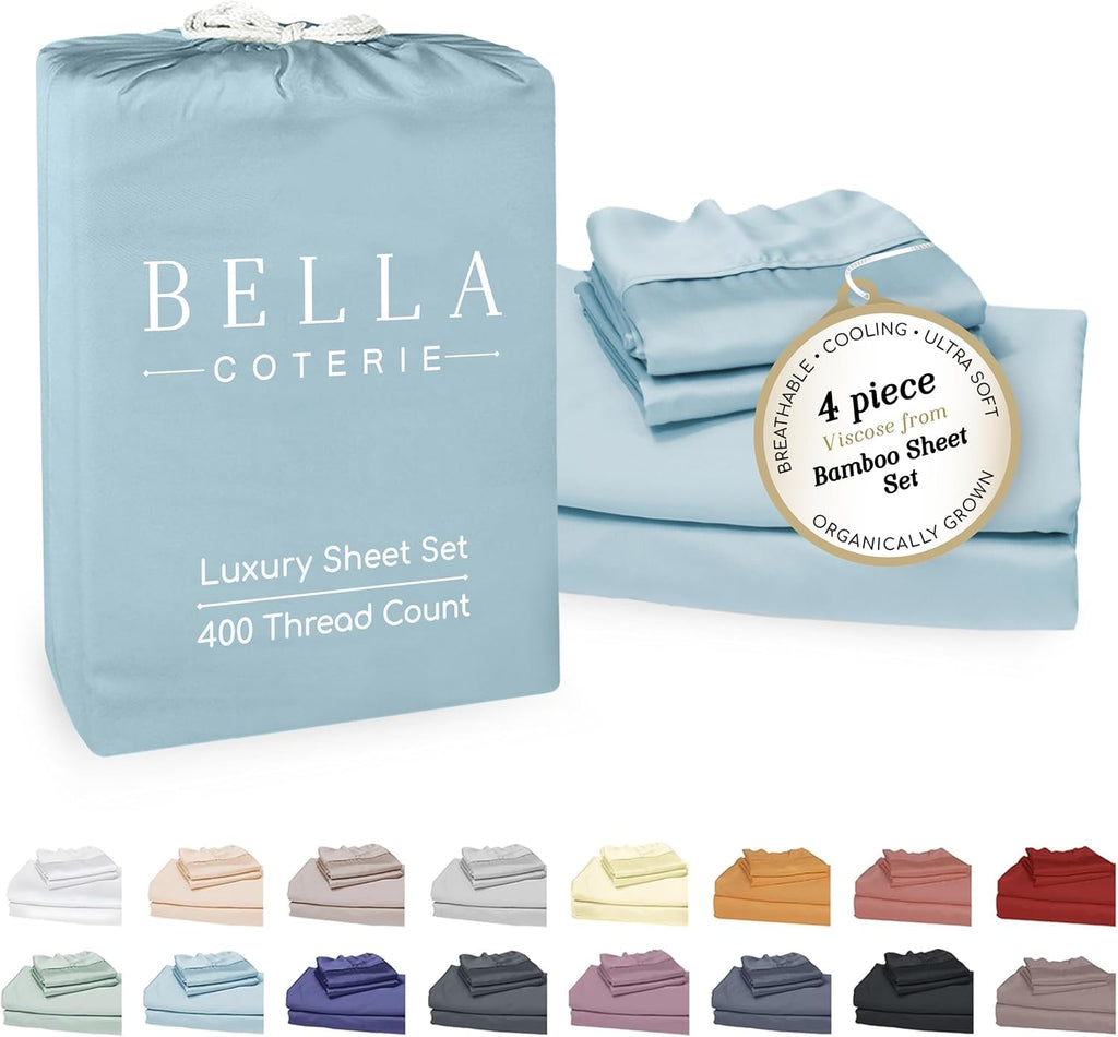 Bella Coterie Luxury Bamboo Viscose Queen Size Sheet Set | 100% Organically Grown | Ultra Soft | Cooling for Hot Sleepers | 18' Deep Pocket [Coastal Blue]
