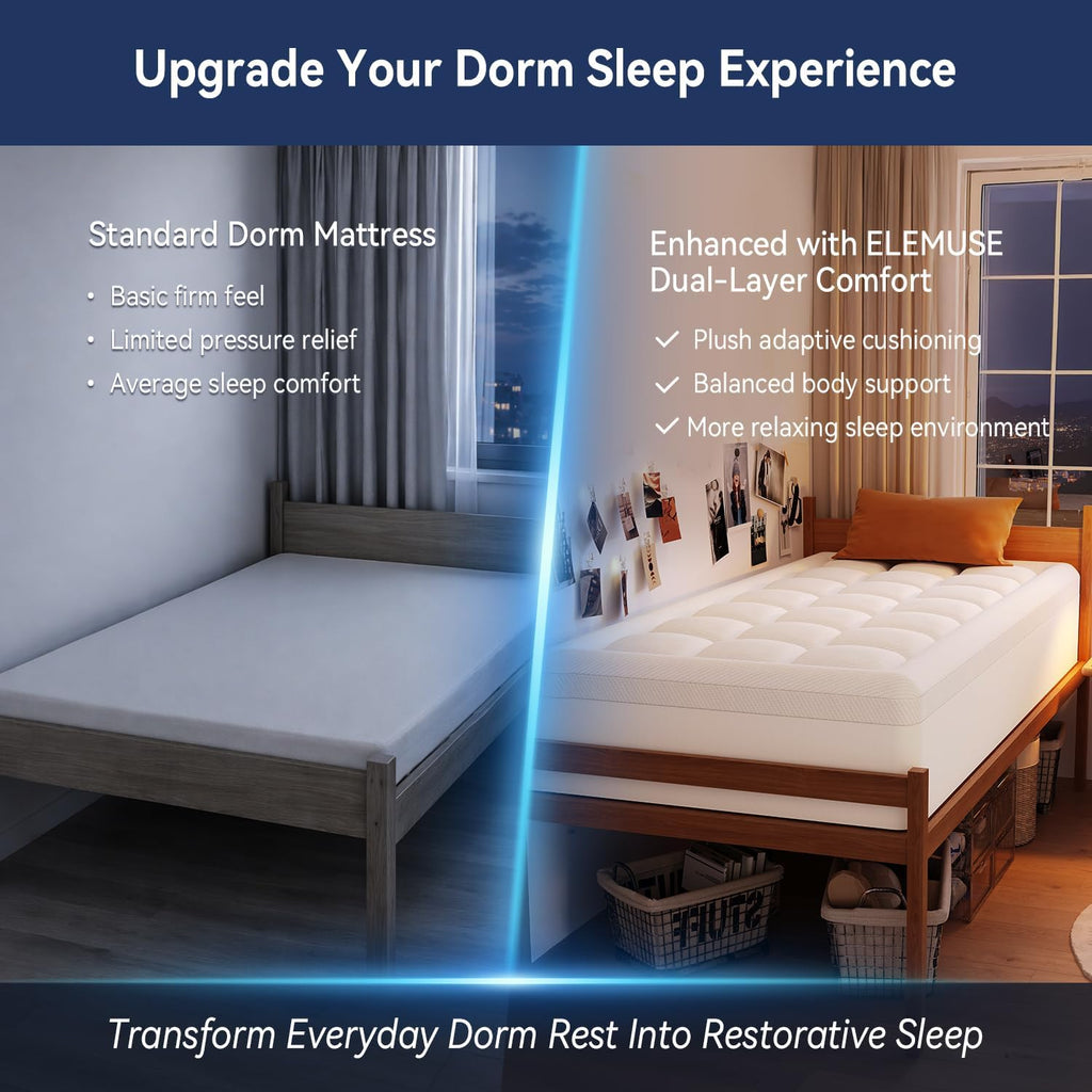 ELEMUSE Twin XL Dual Layer 3 Inch Memory Foam Mattress Topper for College Studends, Dorm Room Essentials, 2 Inch Cooling Gel Foam and 1 Inch Soft Pillow Top Bed Pad,Back to School Comfortable Support