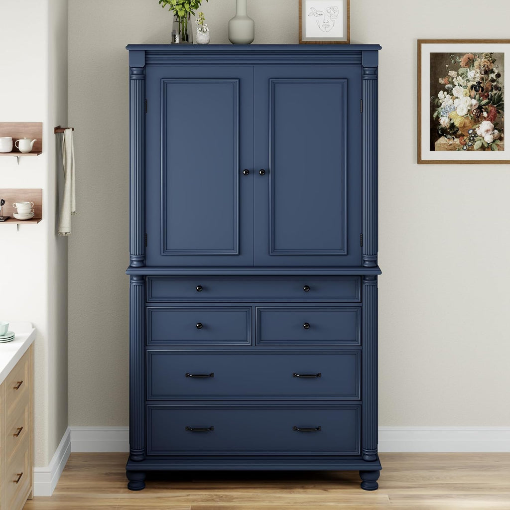 77.3 inch Tall Kitchen Pantry Cabinet with 6 Door Shelves and 2 Adjustable Shelves, Wooden Storage Cabinet Cupboard with 6 Drawers for Kitchen, Dining (Blue-83)