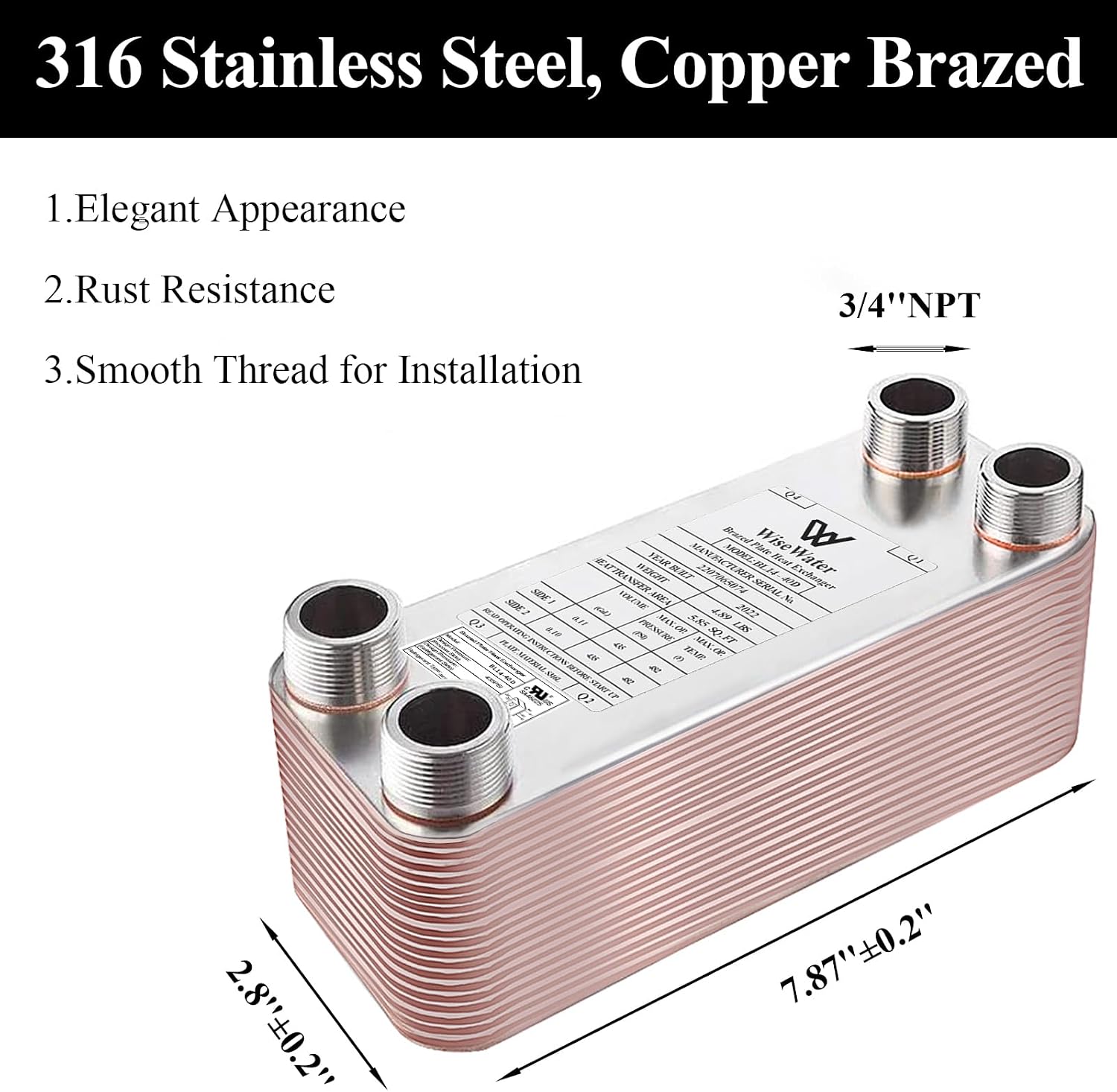 Brazed Plate Heat Exchanger Stainless Steel SS316L 3'x8' 26 Plates 3/4' MPT 210,000 BTU/hr Hydronic Heating