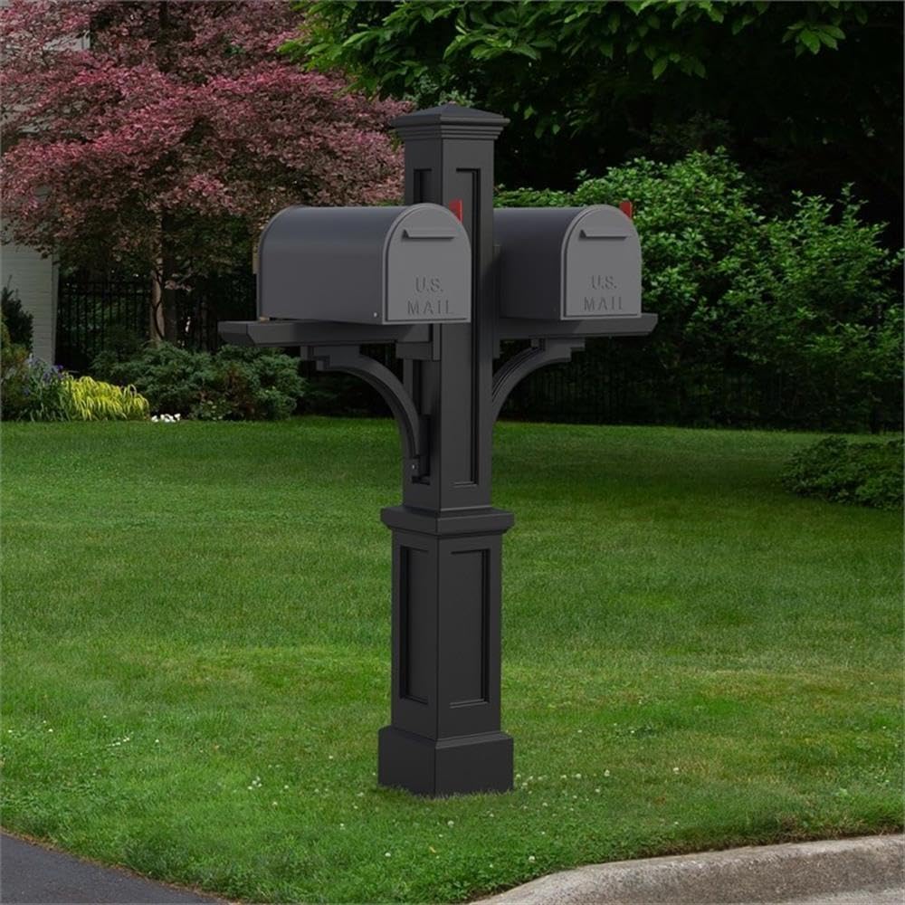 Pemberly Row Contemporary Double Plastic Mail Post, 56.5' H x 41' W x 8' D, Black Finish, UV-Resistant Polyethylene Resin, Decorative Sleeve with 2 Support Arms, Weatherproof Mailbox Accessory