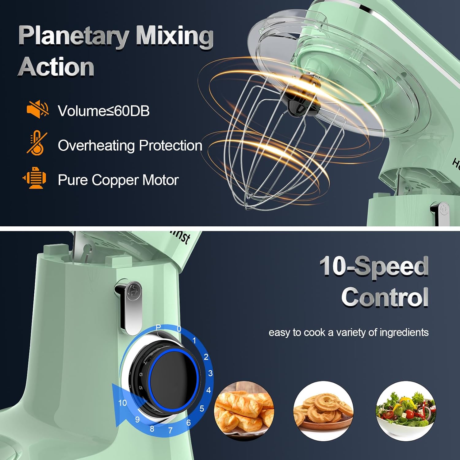 Honinst Stand Mixer, 6.5QT 10-Speed Tilt-Head Electric Stand Mixer, 3-In-1 Kitchen Mixer with Bowl, Dough Hook, Whisk and Beater, Food Mixer for Baking, Cake and Most Home Cooks, Light Green