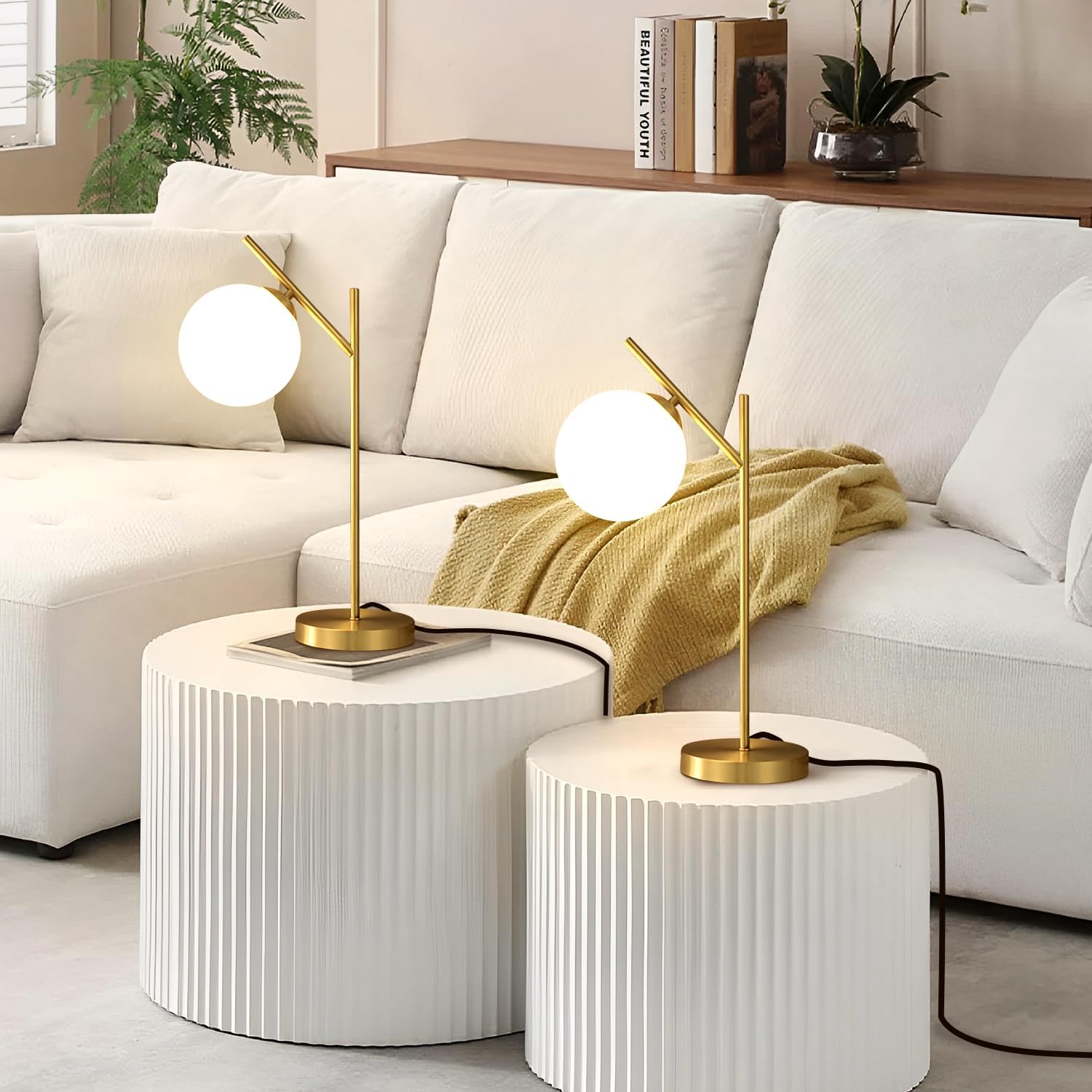 Globe Table Lamp Set of 2, Brass Glass Globe Desk Lamp with Milky White Glass Shade, Contemporary Metal Bedside lamp for Bedroom Living Room Study Room