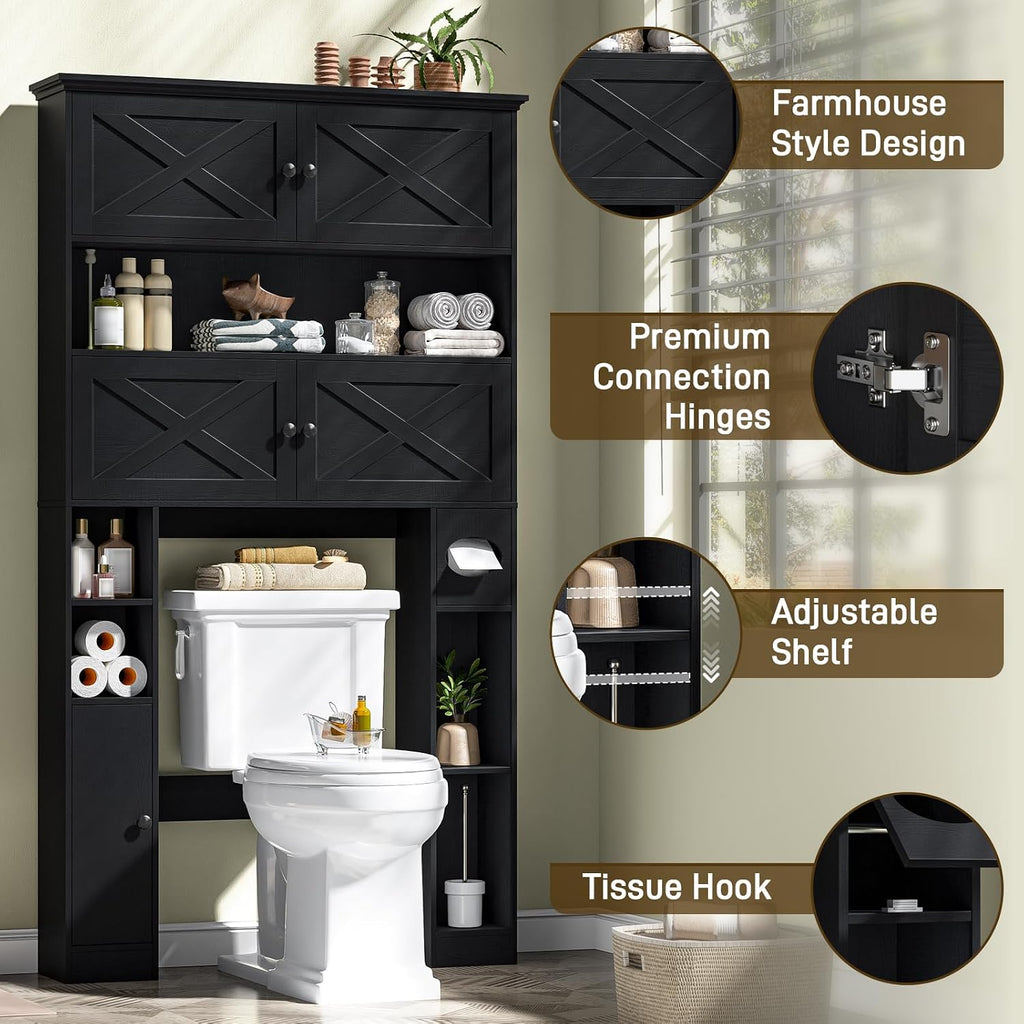 Over The Toilet Storage Cabinet, Farmhouse Storage Over Toilet with 4 Barn Doors & Adjustable Shelf, Space Saving Bathroom Organizer with Toilet Paper Holder Stand for Bathroom, Laundry, Rustic Black